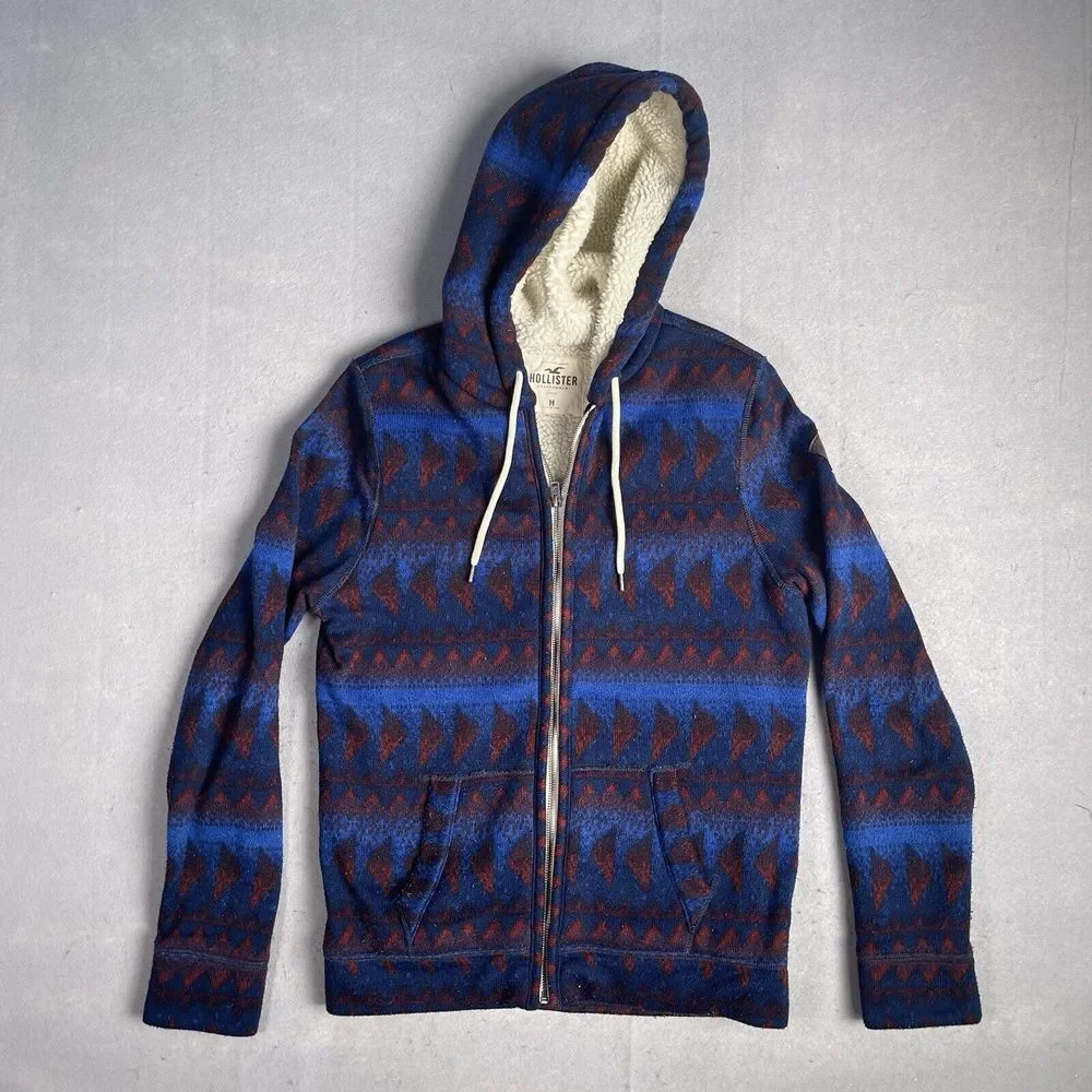 Vintage Hollister Full Zip Hooded Sherpa Sweatshirt Men Medium Aztec‎ 90s Y2K
